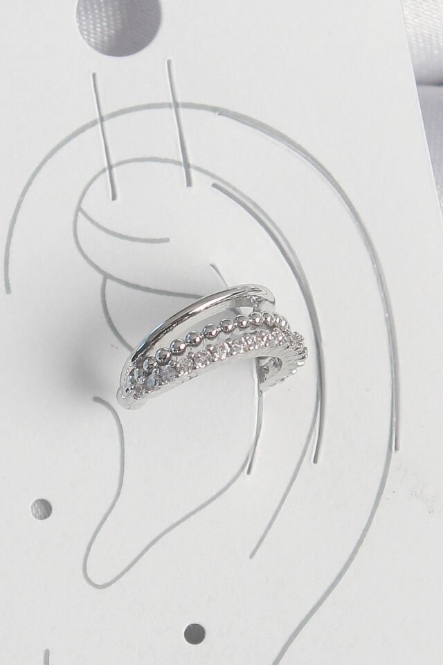 Pirinç Gümüş Renk Zirkon Taşlı 3'Lü Sıralı Kadın Kıkırdak Küpe