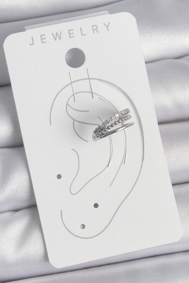 Pirinç Gümüş Renk Zirkon Taşlı 3'Lü Sıralı Model Kadın Kıkırdak Küpe