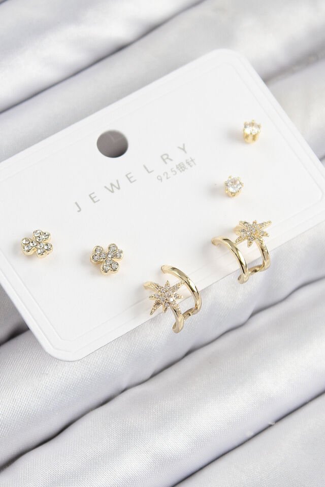 Pirinç Zirkon Taşlı Kutup Yıldızı Model Gold Renk 925 Ayar Gümüş Çivi Kadın Küpe Set