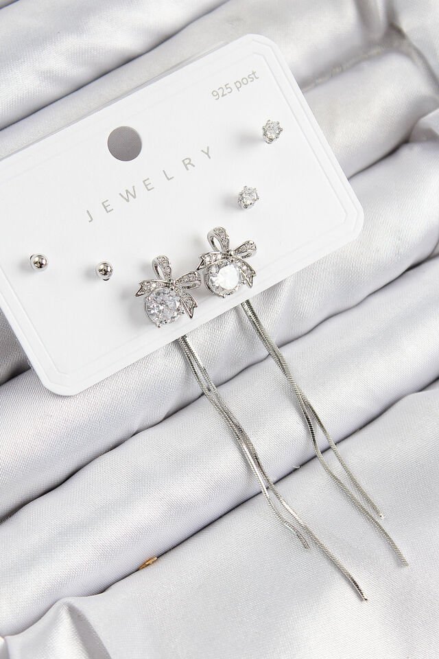 Pirinç Zirkon Taşlı Sallantılı Fiyonk Model Gümüş Renk 925 Ayar Gümüş Çivi Kadın Küpe Set