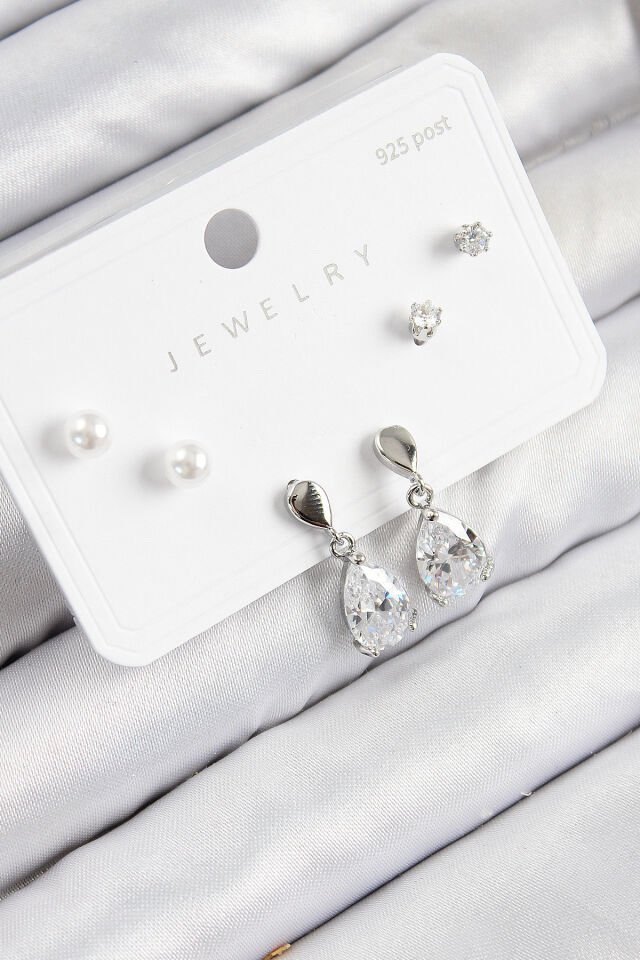 Pirinç Zirkon Taşlı Sallantılı Damla Model Gümüş Renk 925 Ayar Gümüş Çivi Kadın Küpe Set