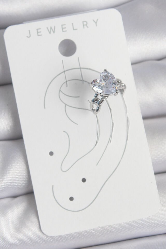 Pirinç Gümüş Renk Zirkon Taşlı Kalp Model Kadın Kıkırdak Küpe