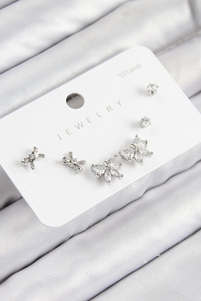 Pirinç Zirkon Taşlı Fiyonk Model Gümüş Renk 925 Ayar Gümüş Çivi Kadın Küpe Set