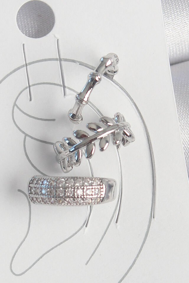 Pirinç Gümüş Renk Zirkon Taşlı 3'Lü Model Yaprak Figür Kadın Kıkırdak Küpe