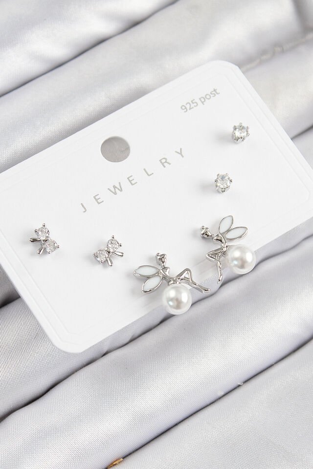 Pirinç Zirkon Taşlı İnci Melek Model Gümüş Renk 925 Ayar Gümüş Çivi Kadın Küpe Set