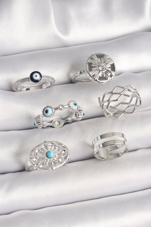 Pirinç Gümüş Renk Nazar Boncuk Zirkon Taş Detaylı Dalga Figür Kadın Yüzük Kombini