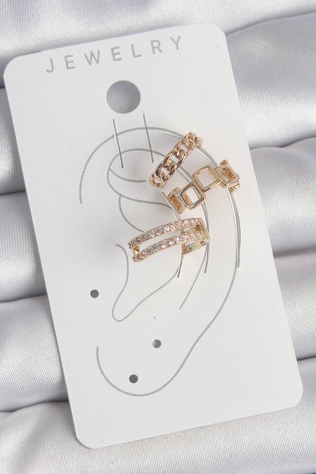 Pirinç Gold Renk Zirkon Taşlı Kare Zincir Model Kadın Kıkırdak Küpe