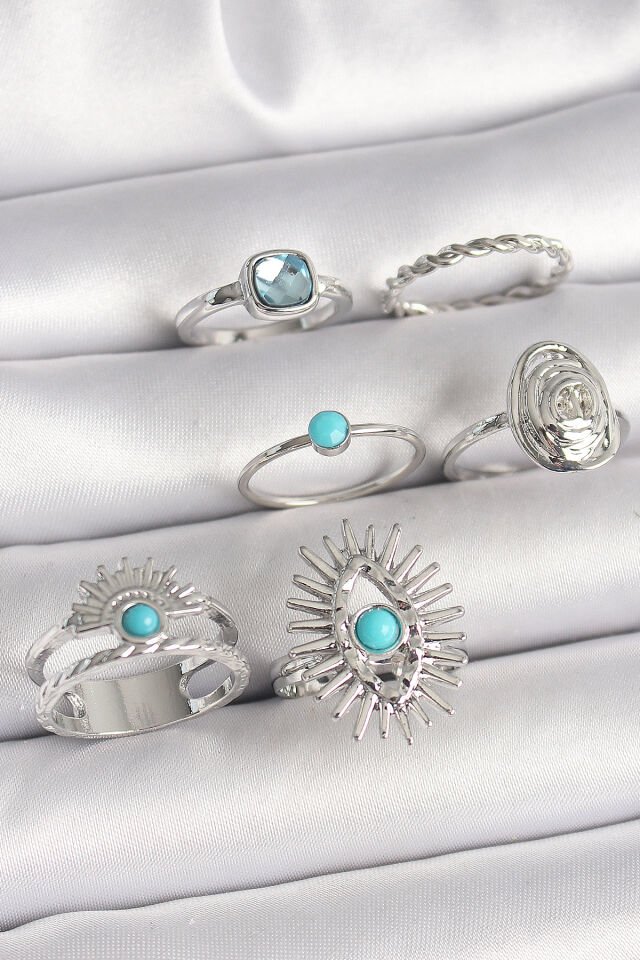 Pirinç Gümüş Renk Mavi Taşlı Kare Zirkon Taş Detaylı Kadın Yüzük Kombini