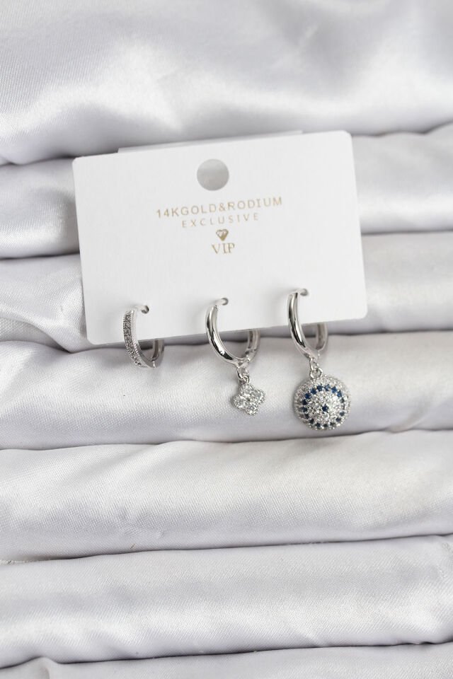 Nazar Model Gümüş Renk Pirinç 3'lü Kadın Küpe Seti