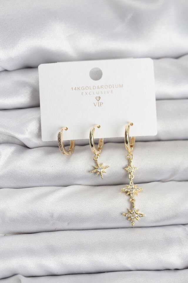 Kutup Yıldızı Model Gold Renk Pirinç 3'lü Kadın Küpe Seti