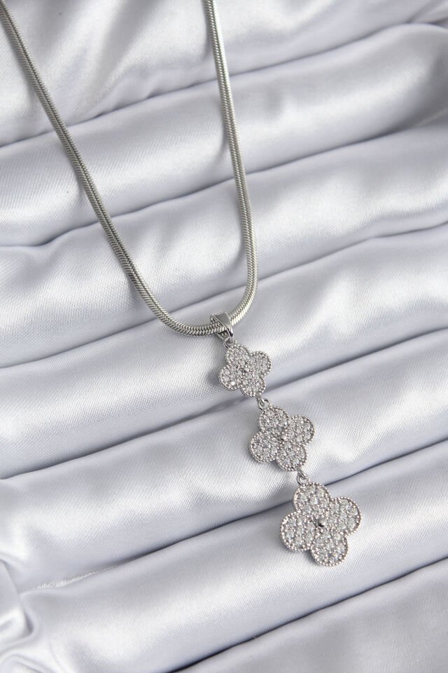 316L Çelik Gümüş Renk İtalyan Zincir Zirkon Taşı Yonca Model Kadın Kolye