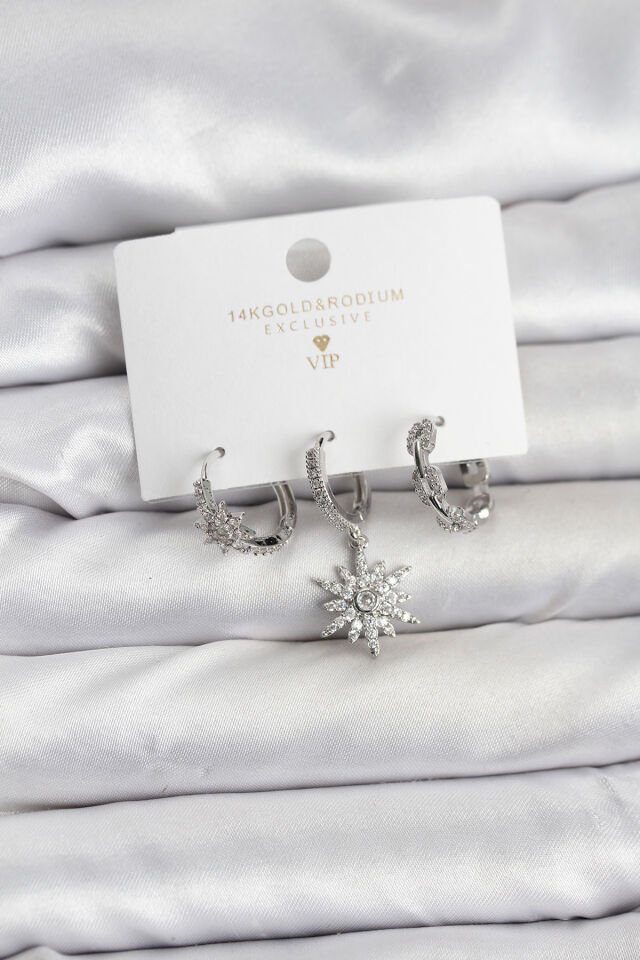 Pirinç Gümüş Renk Kutup Yıldızı Model 3'lü Kadın Küpe Seti