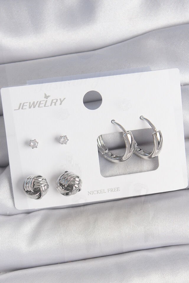 Pirinç Gümüş Renk Zirkon Taşlı Halka Model 3 Çift Kadın Küpe Seti