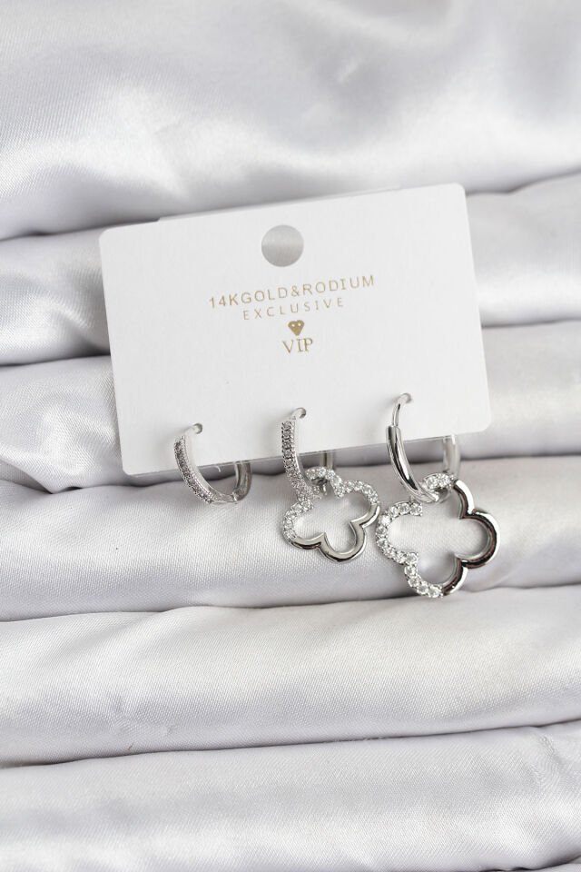 Yonca Model Gümüş Renk Pirinç 3'lü Kadın Küpe Seti