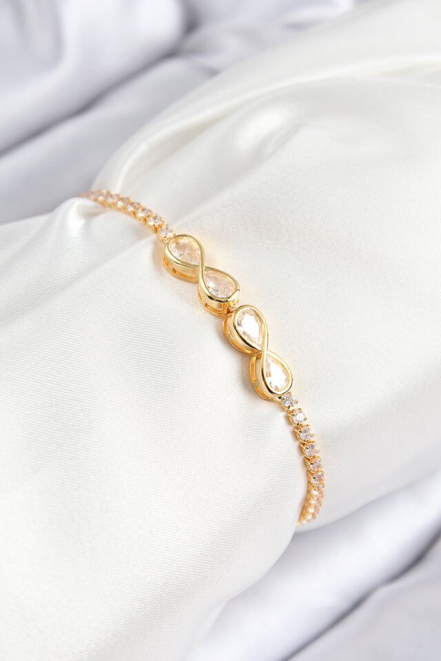 Pirinç Zirkon Taşlı Sonsuzluk Model Gold Renk Asansörlü Kadın Bileklik