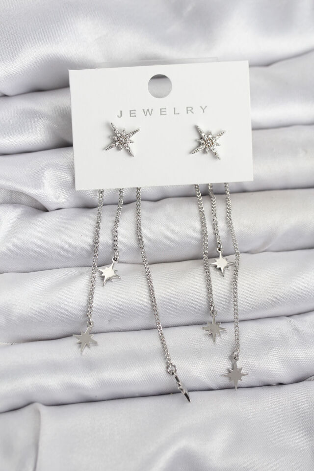 Kutup Yıldızı Model Gümüş Renk Pirinç Sallantılı Kadın Küpe