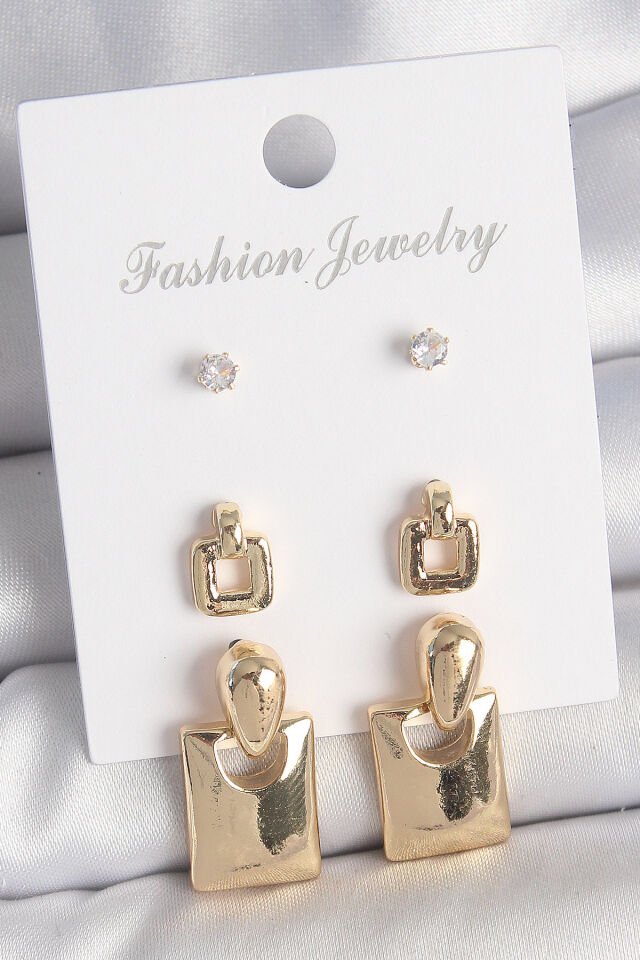 Pirinç Gold Renk Zirkon Taşlı Sallantılı Kare Model 3 Çift Kadın Küpe Seti