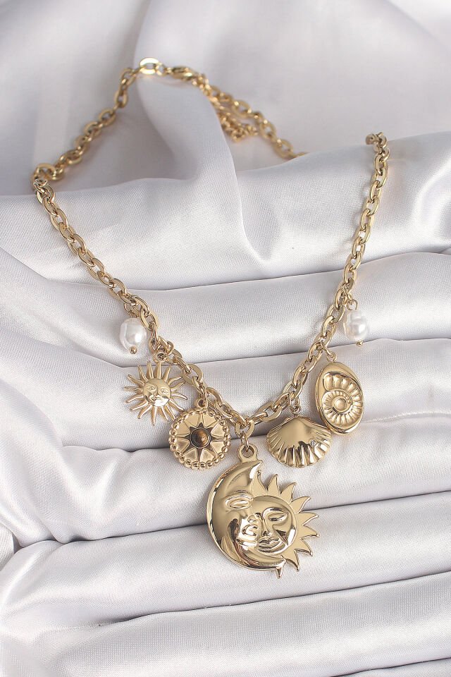 316L Çelik Gold Renk Ay Güneş Figür Deniz Kabuğu Detay Kadın Kolye