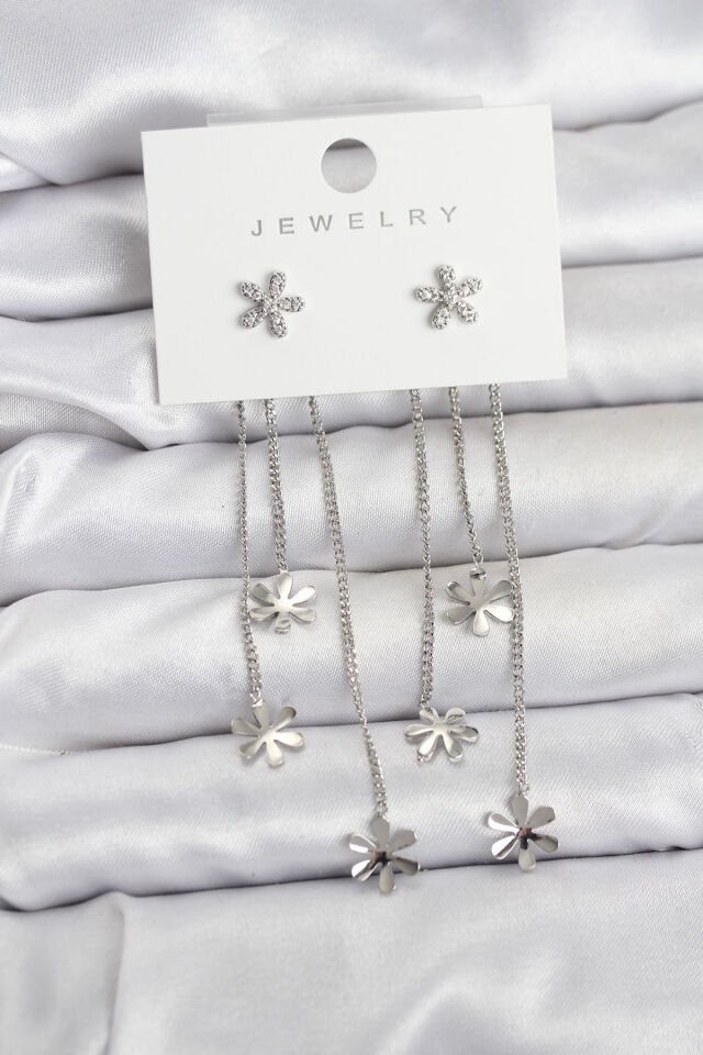 Papatya Model Gümüş Renk Pirinç Sallantılı Kadın Küpe