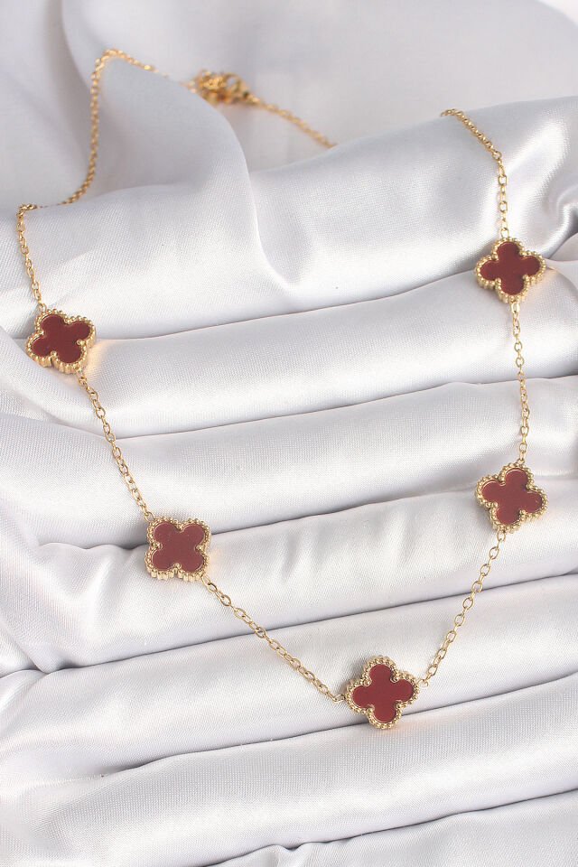 316L Çelik Gold Renk Zincir Bordo Yonca Model Kadın Kolye