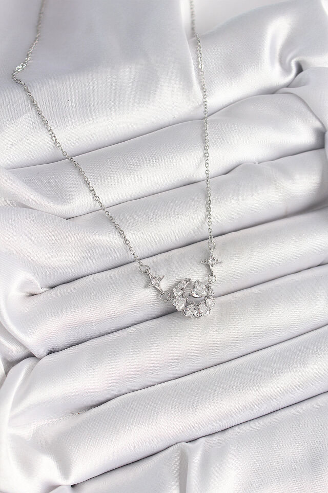 316L Çelik Gümüş Renk Zirkon Taşlı Hilal Kalp Model Kadın Kolye