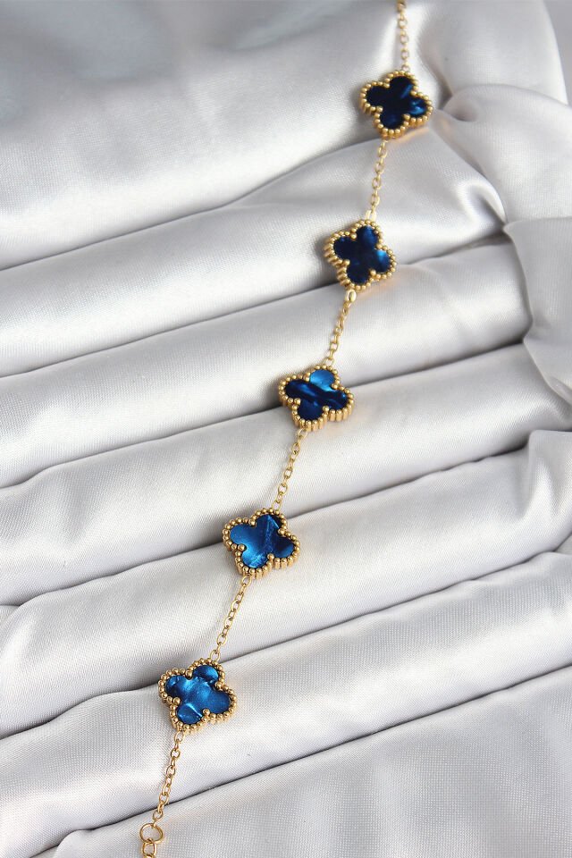 316L Çelik Sedefli Lacivert Gold Renk Yonca Kadın Bileklik