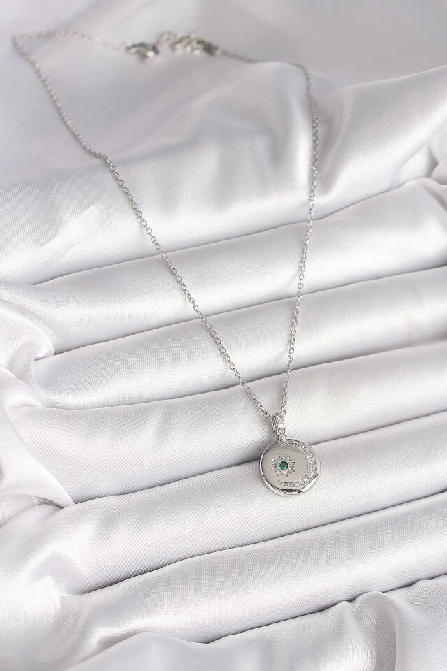 316L Çelik Gümüş Renk Zincir Madalyon Zirkon Taşlı İşlemeli Hilal Yıldız Model Kadın Kolye