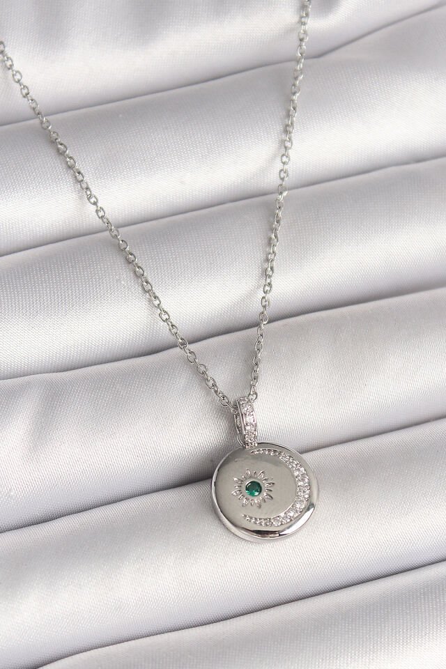 316L Çelik Gümüş Renk Zincir Madalyon Zirkon Taşlı İşlemeli Hilal Yıldız Model Kadın Kolye