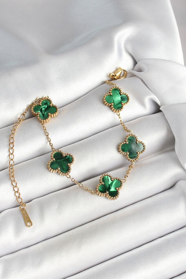 316L Çelik Sedefli Zümrüt Yeşil Gold Renk Yonca Kadın Bileklik