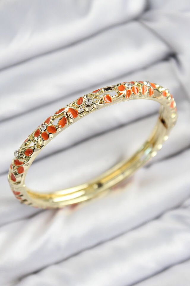 Mineli Pirinç Zirkon Taşlı Turuncu Çiçek Motifli Gold Kadın Kelepçe