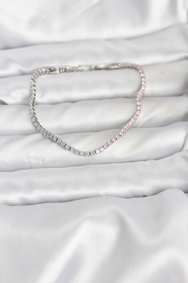 Pembe ve Beyaz Zirkon Taşlı Gümüş Renk Su Yolu Kadın Bileklik