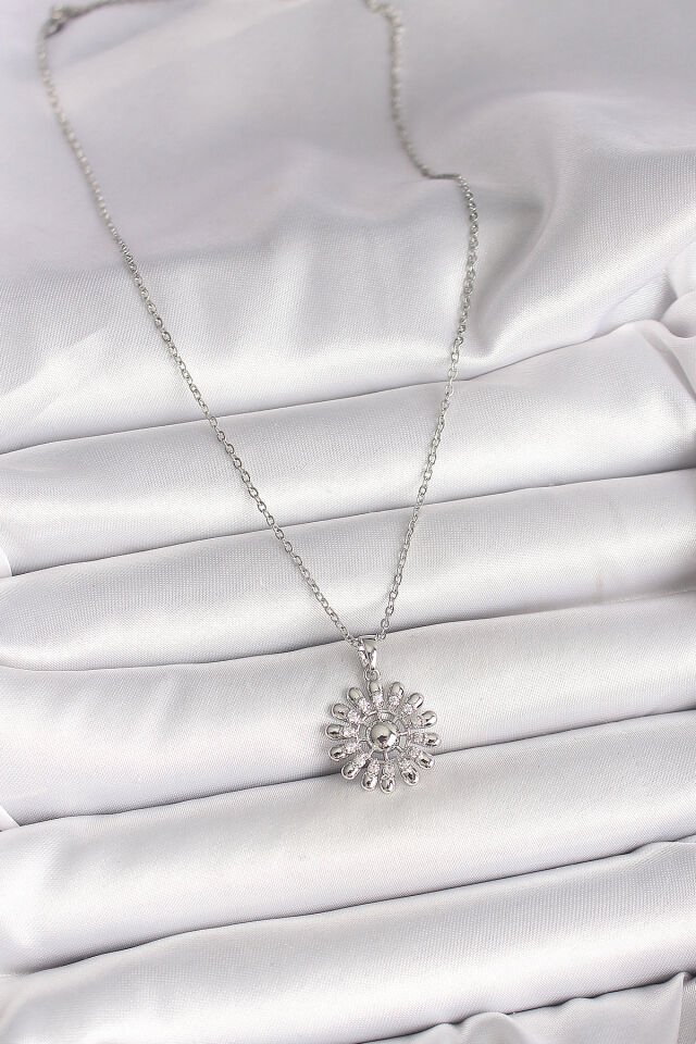 316L Çelik Gümüş Renk Zincir Zirkon Taşlı Güneş Model Kadın Kolye