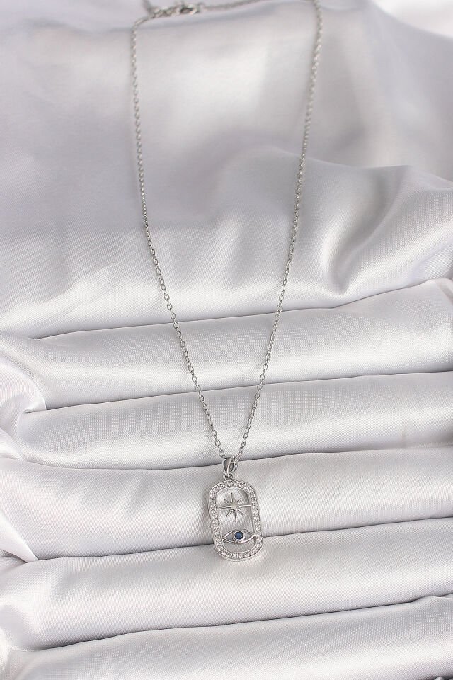 316L Çelik Gümüş Renk Zincir Zirkon Taşlı Göz Yıldız Model Kadın Kolye