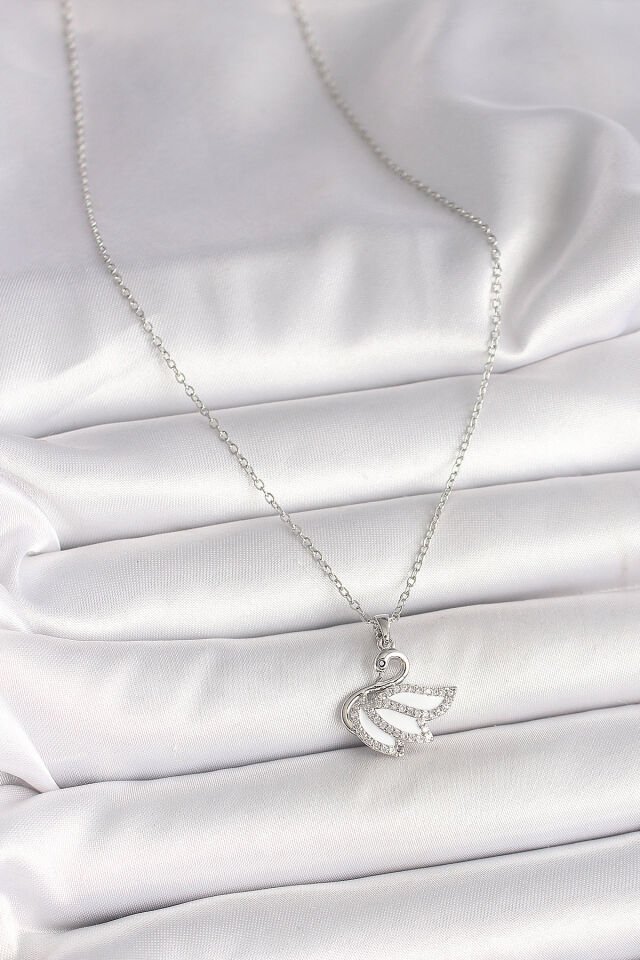 316L Çelik Gümüş Renk Zincir Zirkon Taşlı Kuğu Model Kadın Kolye