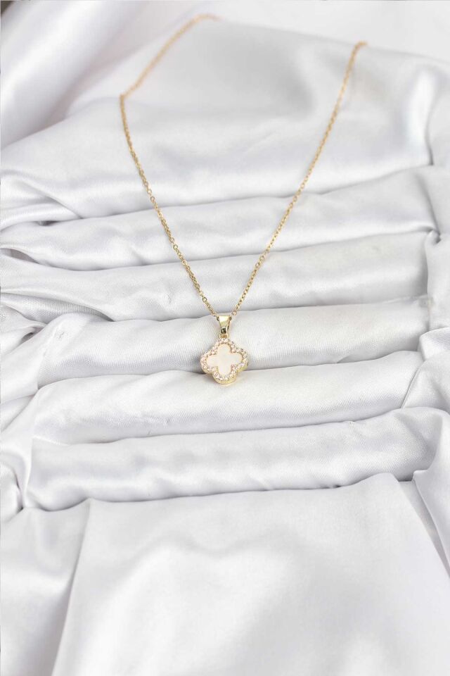 316L Çelik Zincir Gold Renk Sedefli Yonca Kadın Kolye