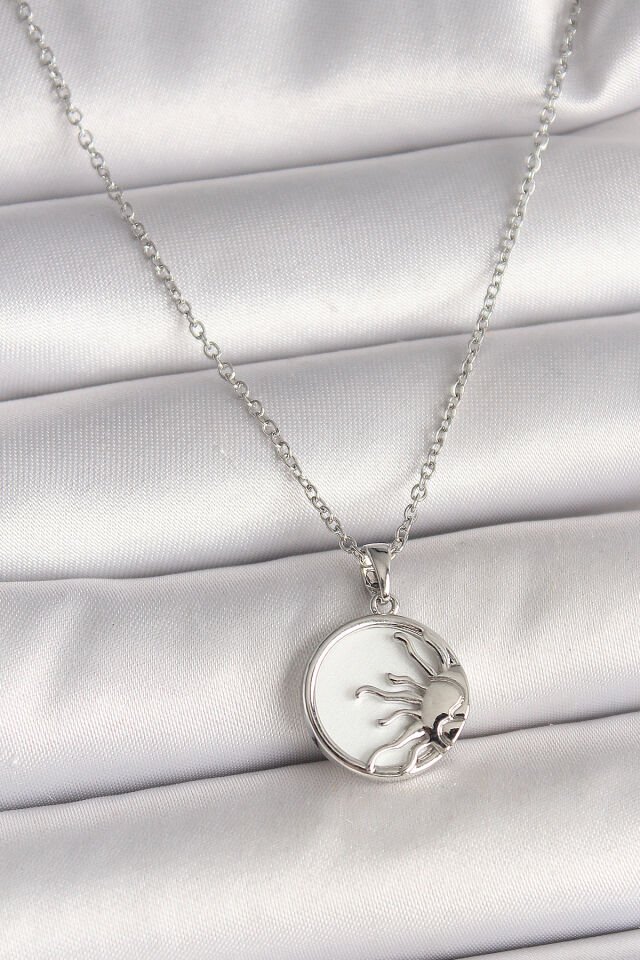 316L Çelik Gümüş Renk Zincir Beyaz Mineli Gün Batımı Model Kadın Kolye