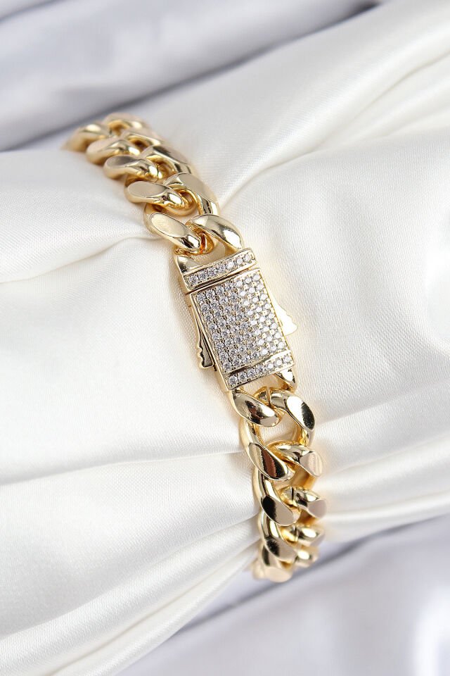 VIP Pirinç Zirkon Taşlı Klasik Zincir Model Gold Renk Kadın Bileklik