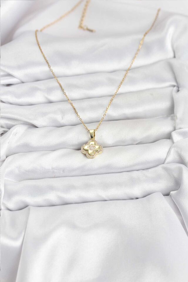 316L Çelik Zincir Gold Renk Zirkon Taşlı Yonca Model Kadın Kolye