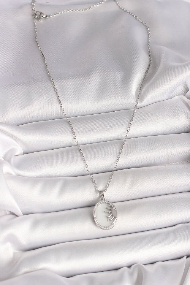 316L Çelik Gümüş Renk Zincir Beyaz Mineli Gün Batımı Model Zirkon Taş Detaylı Kadın Kolye