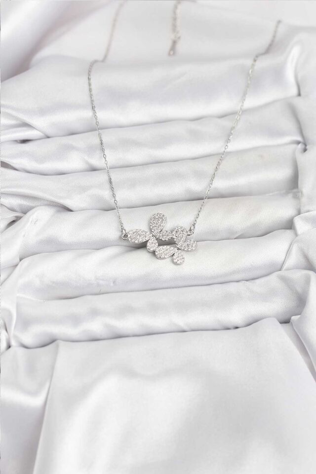 316L Çelik Zincir Gümüş Renk Zirkon Taşlı Kelebek Model Kadın Kolye