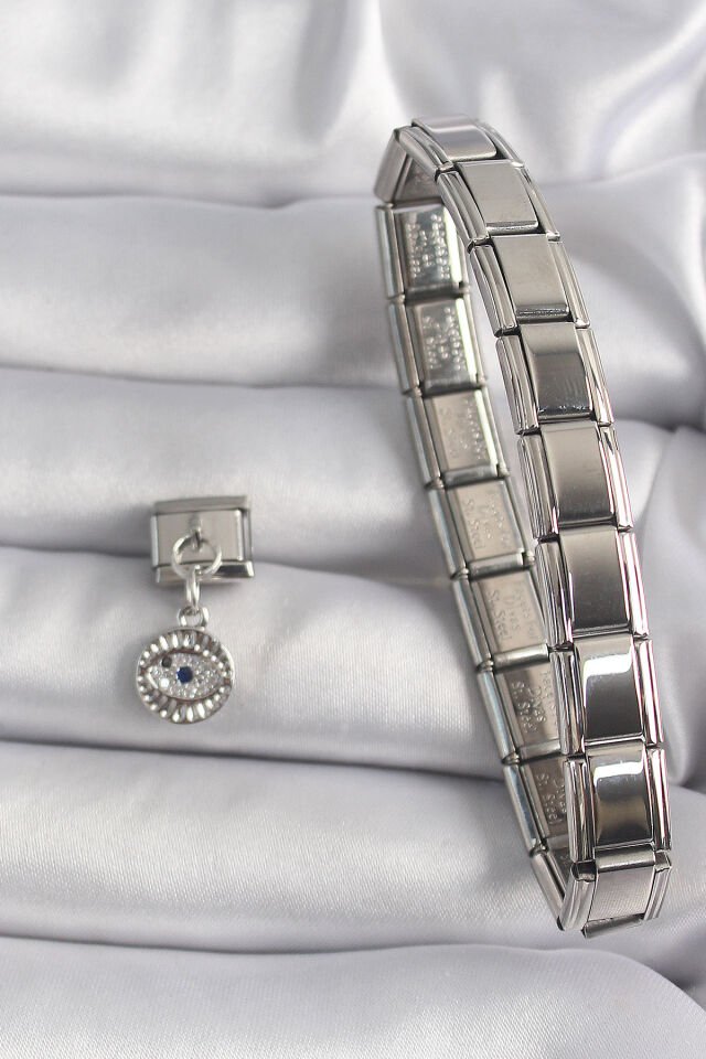 316L Çelik Gümüş Renk Sallantı Zirkon Taşlı Göz Model Nomination Charm