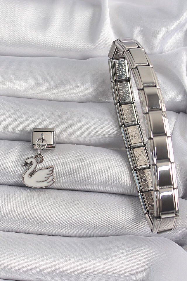 316L Çelik Gümüş Renk Sallantı Beyaz Kuğu Model Nomination Charm