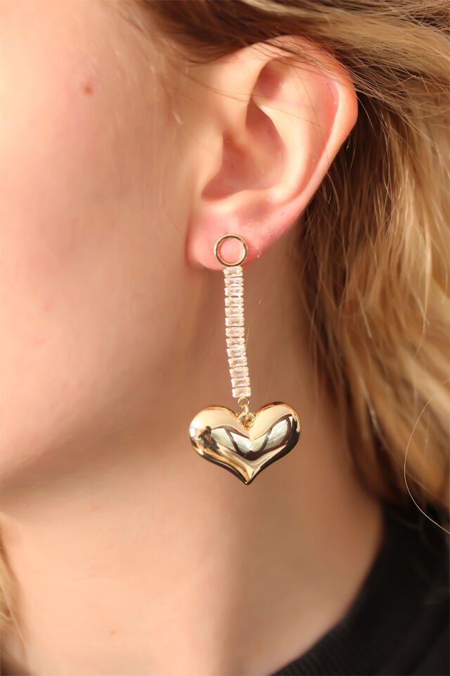 Çelik Altın Renk Baget Taşlı Kalp Küpe