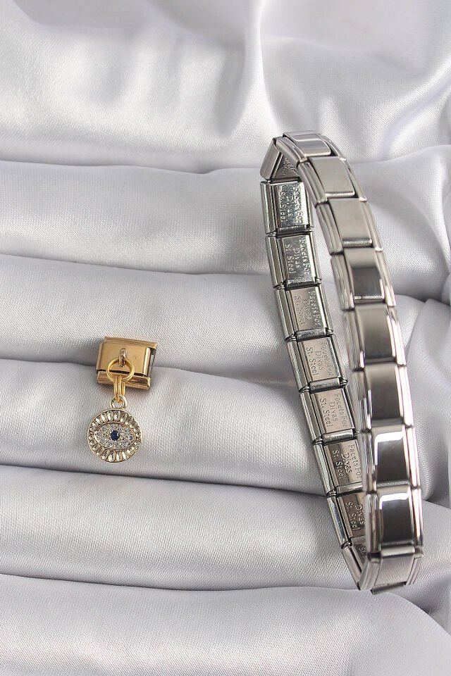 316L Çelik Gold Renk Sallantı Zirkon Taşlı Göz Model Nomination Charm