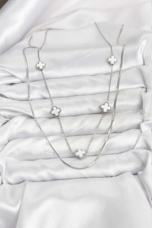 316L Çelik Zincir Gümüş Renk İtalyan Zincirli Yonca Model Kadın Kolye