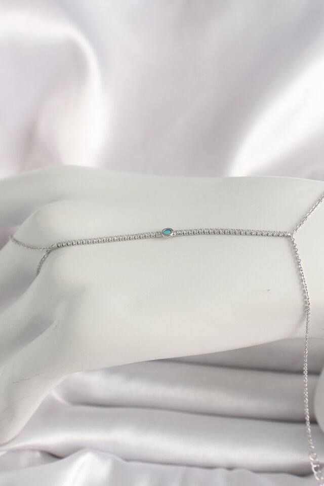 Pirinç Gümüş Renk Su Yolu Zirkon Taşlı Mavi Taş Detaylı Kadın Şahmeran