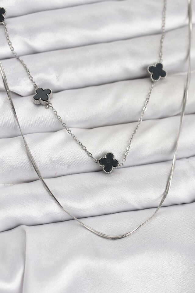 316L Çelik Zincir Gümüş Renk İtalyan Zincirli Siyah Yonca Model Kadın Kolye