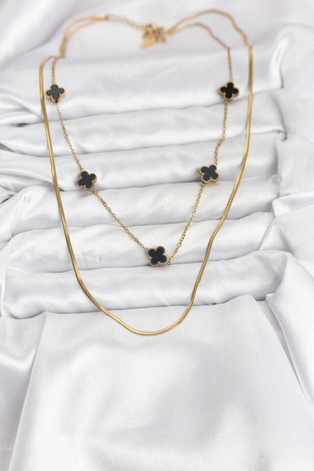 316L Çelik Zincir Gold Renk İtalyan Zincirli Siyah Yonca Model Kadın Kolye