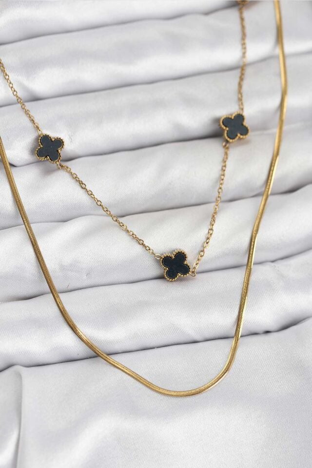 316L Çelik Zincir Gold Renk İtalyan Zincirli Siyah Yonca Model Kadın Kolye