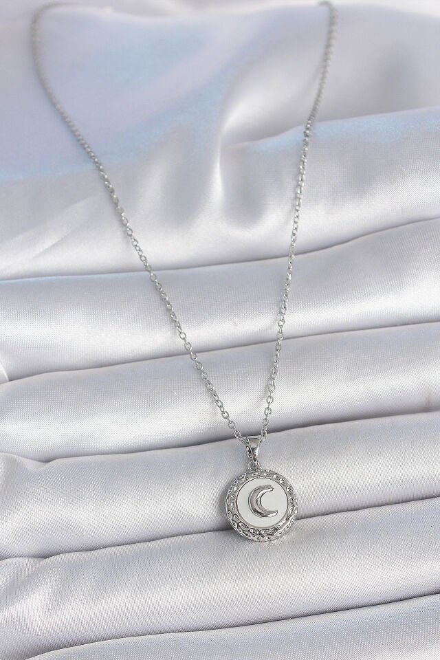 316L Çelik Gümüş Renk Zincir Beyaz Mineli Hilal İşlemeli Madalyon Model Kadın Kolye